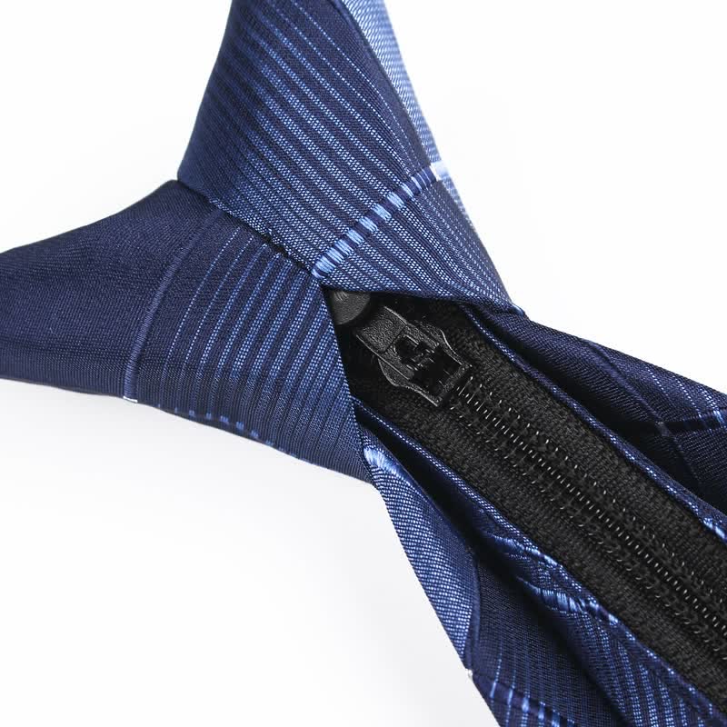 Men's Gradient Navy Blue Zipper Tie Plaid Necktie - Image 4