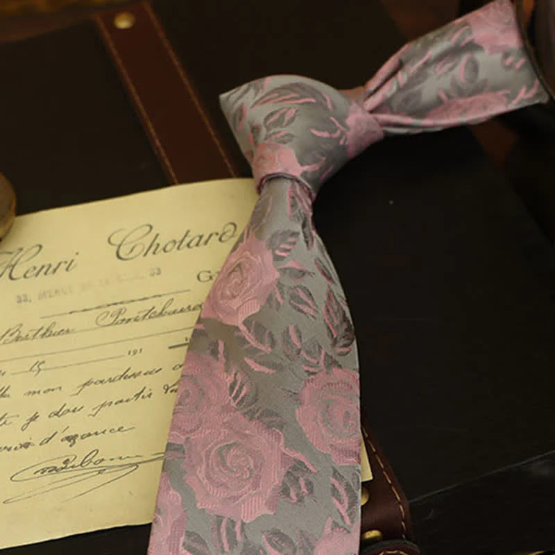 Men's Gray & Pink Rose Floral Pattern Bow Tie Necktie - Image 3