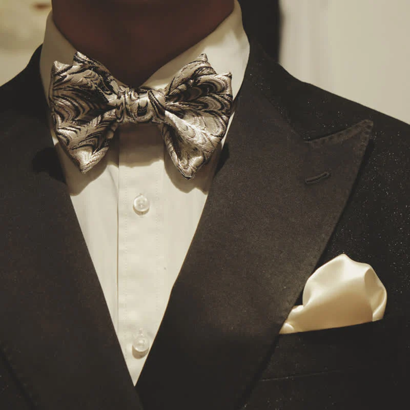 Men's Handmade Shiny Silver Gray Pattern Bow Tie - Image 3