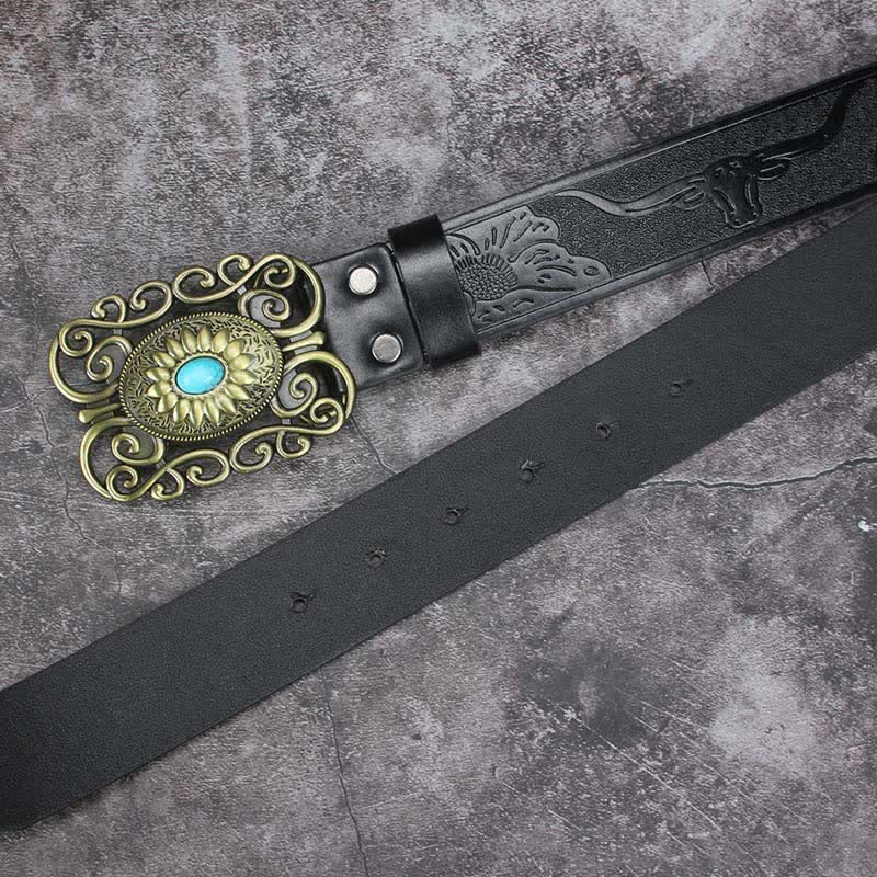Men's Hollow Out Buckle Turquoise Inlaid Leather Belt - Image 9
