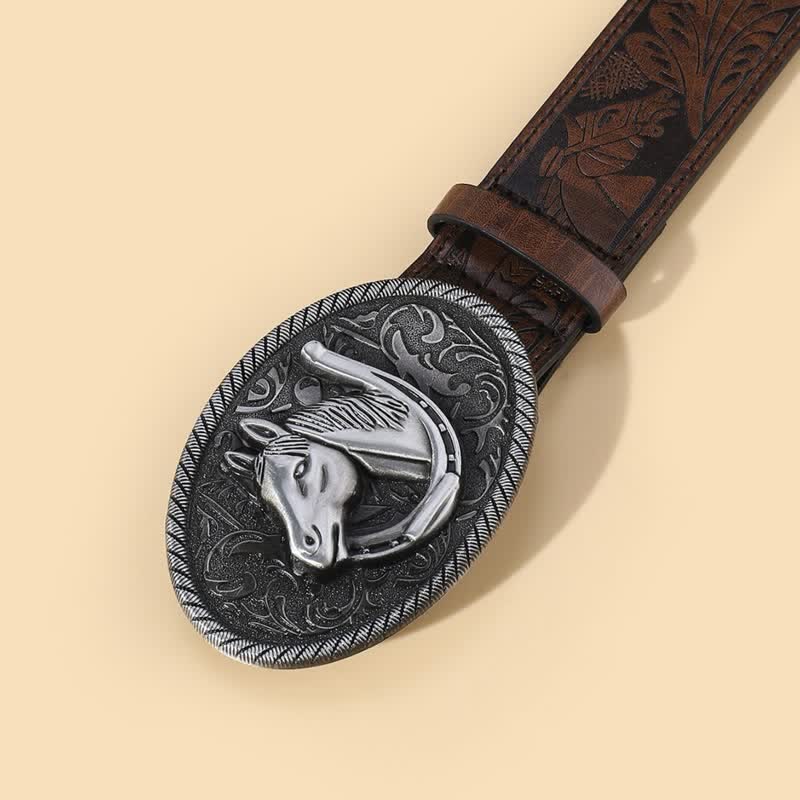 Men's Horse Head Brown Embossed Pattern Leather Belt - Image 2