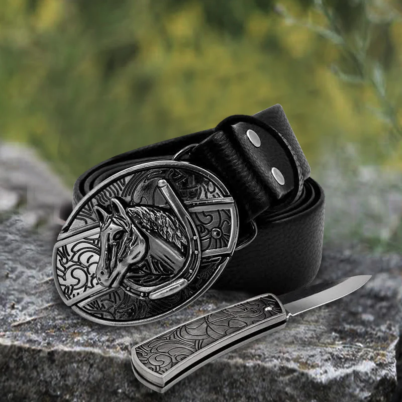Men's Horse Head Leather Belt With Folding Knife - Image 6