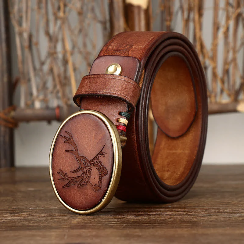 Men's Laser Engraving Deer Pattern Leather Belt - Image 5