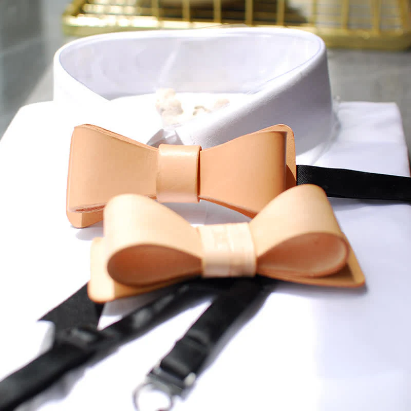 Men's Light Brown Handmade Leather Bow Tie - Image 6