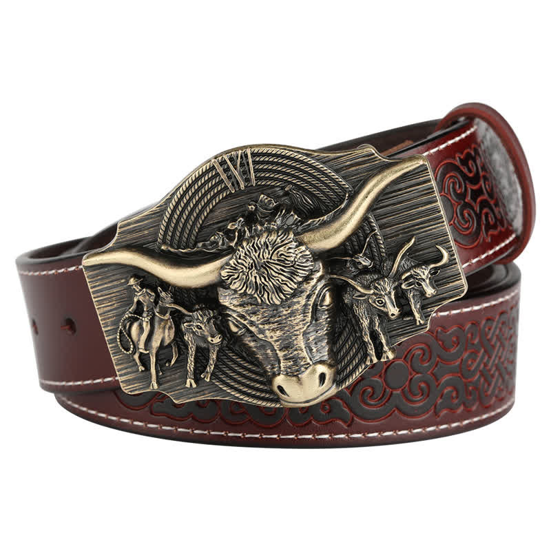 Men's Longhorn Bull Embossed Leather Belt - Image 13
