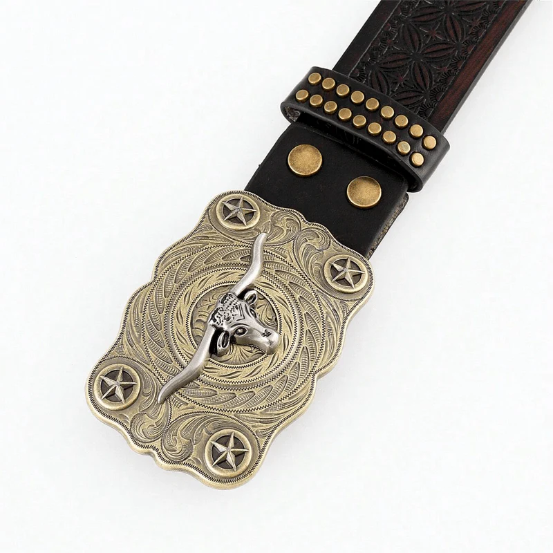 Men's Longhorn Bull Head Studded Decor Leather Belt - Image 2