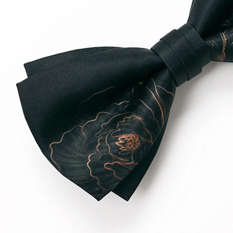 Men's Lotus Printing Black Double Layered Bow Tie - Image 4