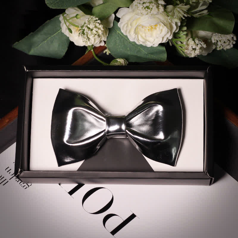 Men's Modern Style Metallic Silver Gray Leather Bow Tie - Image 3