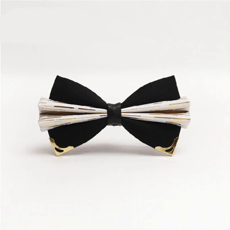 Men's Moire Pattern Double Layer PU Golden Tipped Bow Tie - Image 5