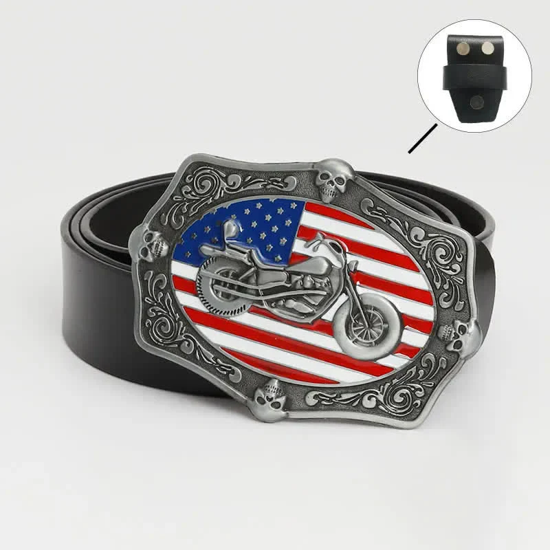 Men's Motorcycle American Flag Skull Leather Belt - Image 3