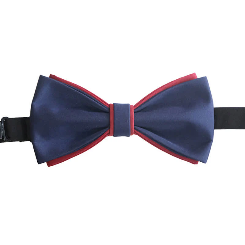 Men's Navy Burgundy Two Tone Double Layered Bow Tie - Image 4
