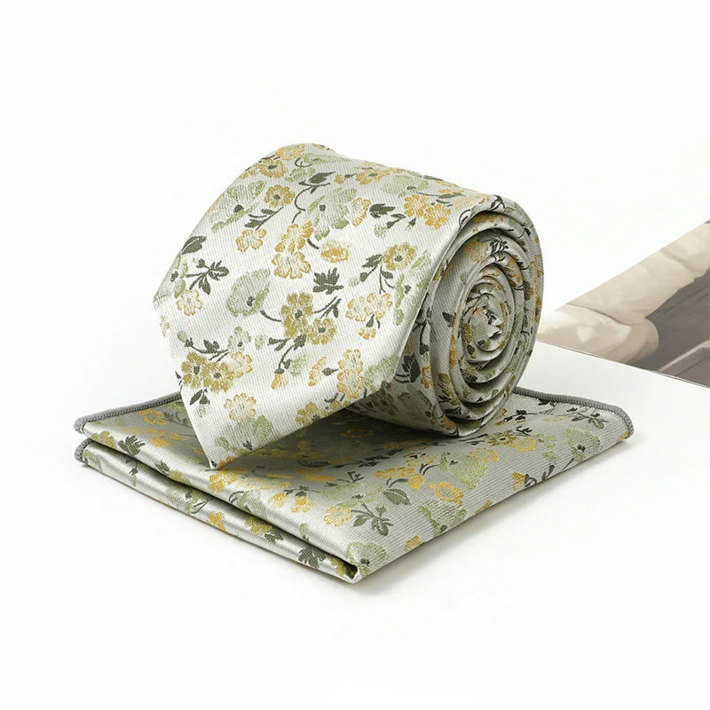 Men's Neutral Floral Jacquard Necktie And Pocket Square Set - Image 8