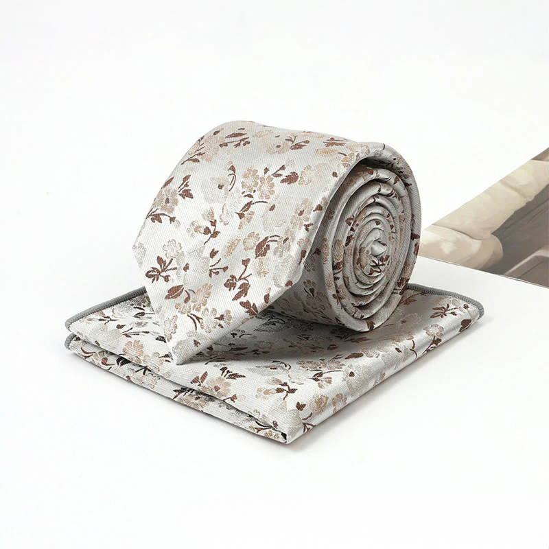 Men's Neutral Floral Jacquard Necktie And Pocket Square Set - Image 9