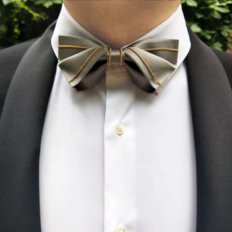 Men's Noble Gray Tone Gold Chain Bow Tie - Image 2