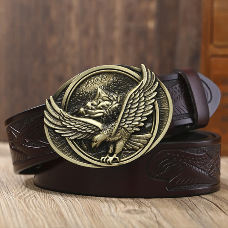 Men's Novelty Flying Eagle Buckle Carved Pattern Leather Belt - Image 7