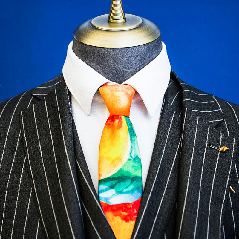 Men's Orange Green Leaves Art Printed Necktie - Image 2