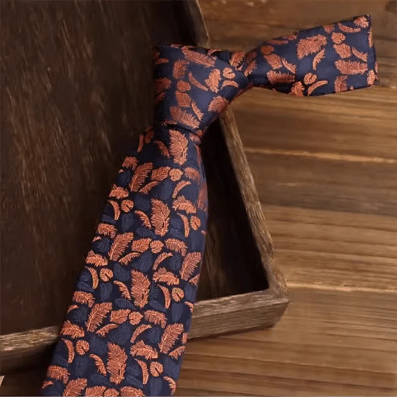 Men's Orange & Navy Feather Prints Necktie - Image 2