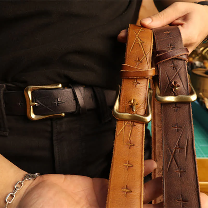 Men's Personality Hand-Cutting Cross Design Leather Belt - Image 4