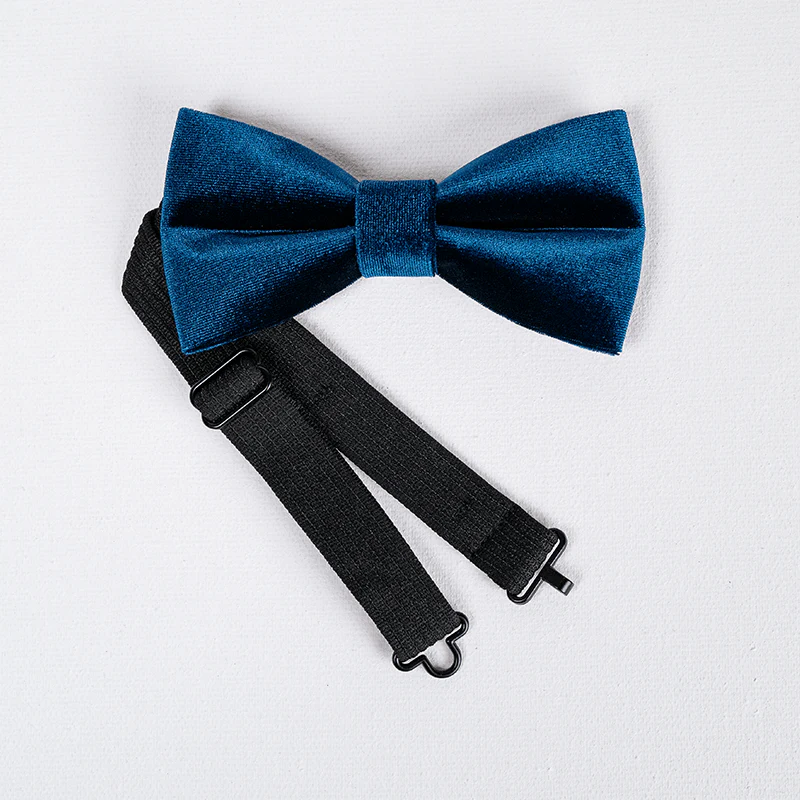 Men's Prussian Blue Solid Color Velvet Bow Tie - Image 6