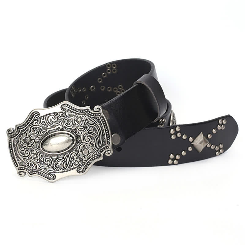 Men's Punk Floral Buckle Rivet Studded Leather Belt - Image 5