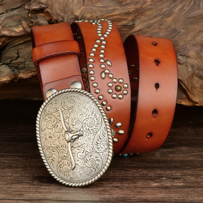 Men's Punk Rivet Longhorn Bull Turquoise Real Leather Belt - Image 11