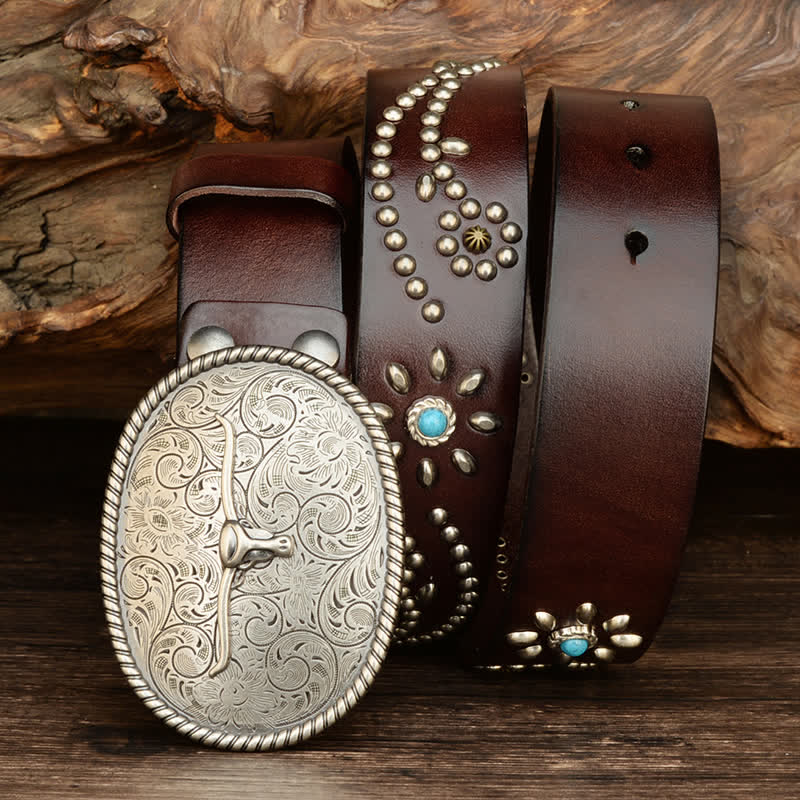 Men's Punk Rivet Longhorn Bull Turquoise Real Leather Belt - Image 8