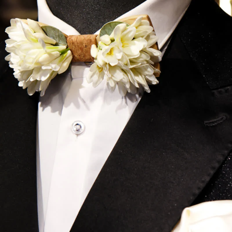 Men's Pure White Artificial Flower Wooden Bow Tie - Image 4