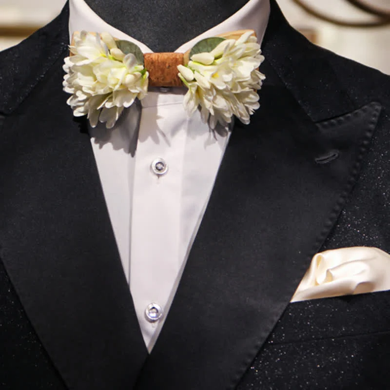 Men's Pure White Artificial Flower Wooden Bow Tie - Image 5