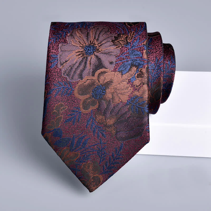 Men's Quiet Burgundy & Navy Flower Leaves Necktie - Image 2