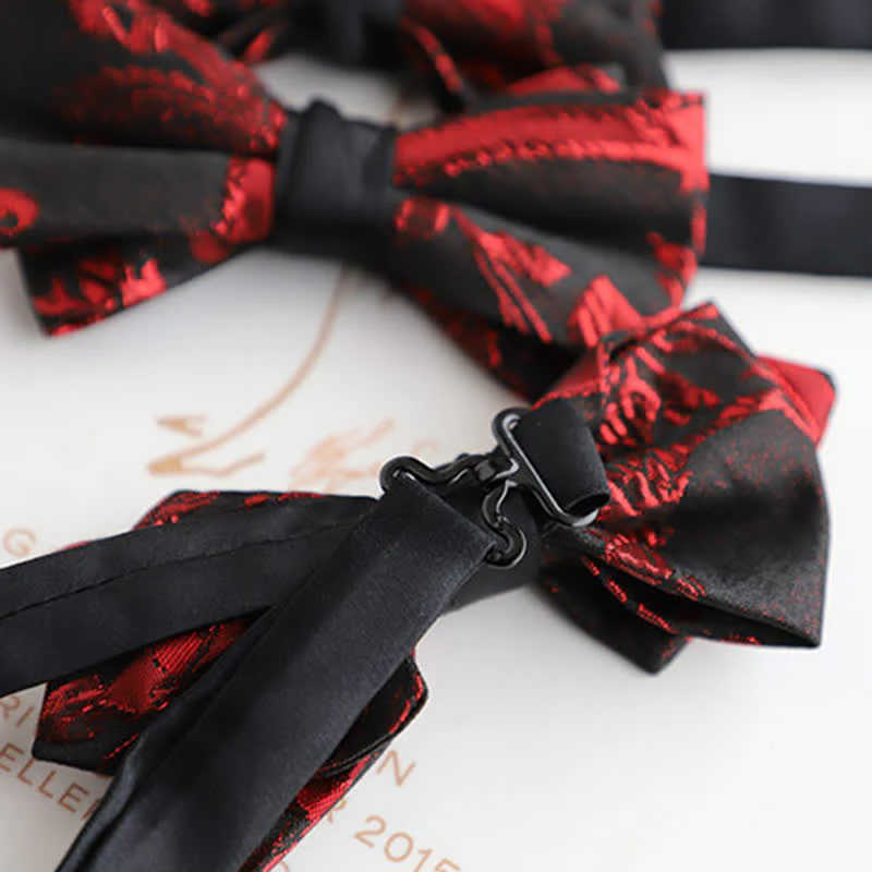 Men's Red Floral Pattern Black Bow Tie - Image 4