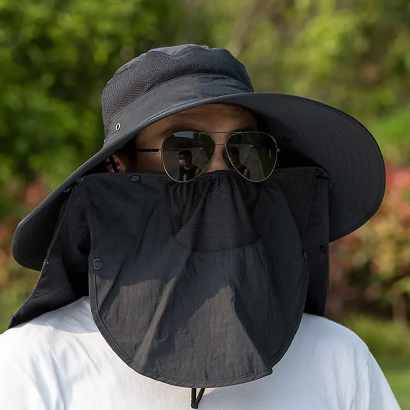 Men's Removable Neck Cover Foldable Big Brim Bucket Hat - Image 3