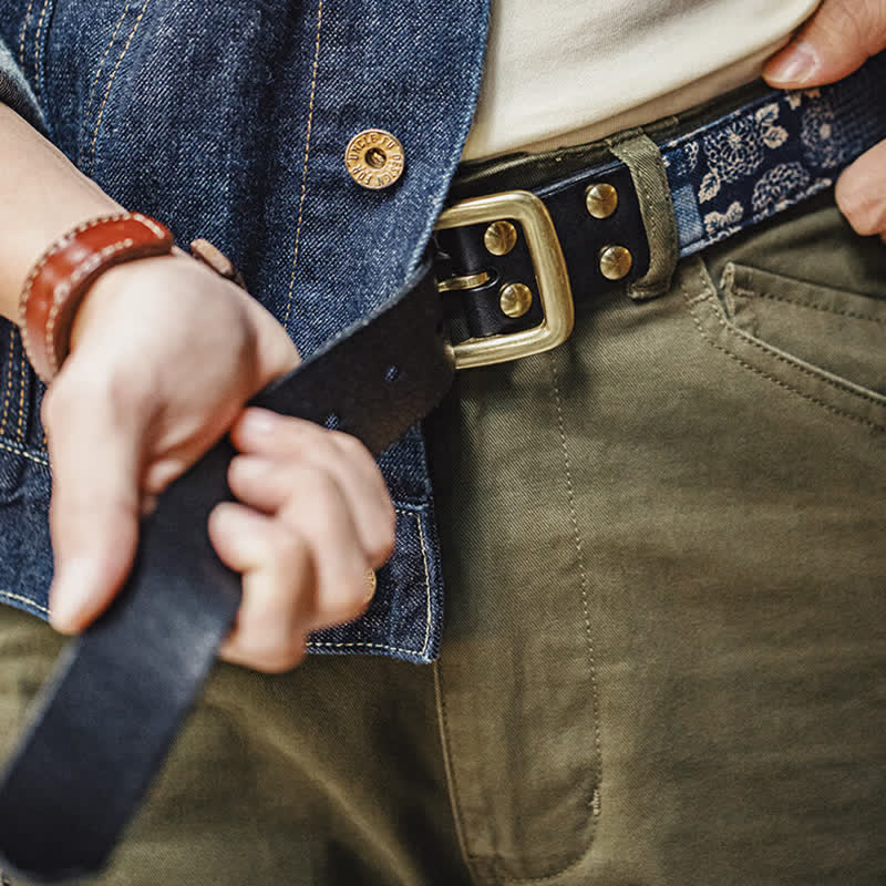 Men's Retro Ancient Floral Printed Cloth Leather Belt - Image 4