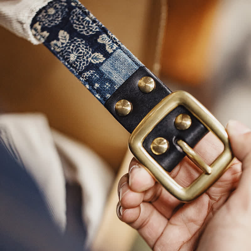 Men's Retro Ancient Floral Printed Cloth Leather Belt - Image 8