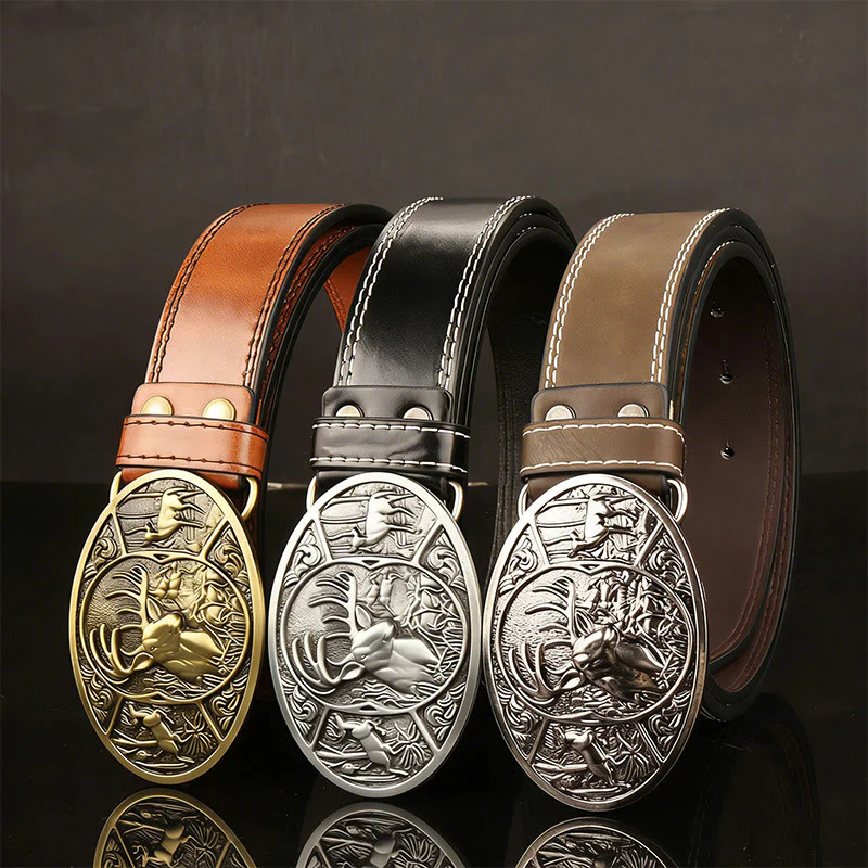 Men's Retro Deer Group Relief Buckle Leather Belt - Image 2