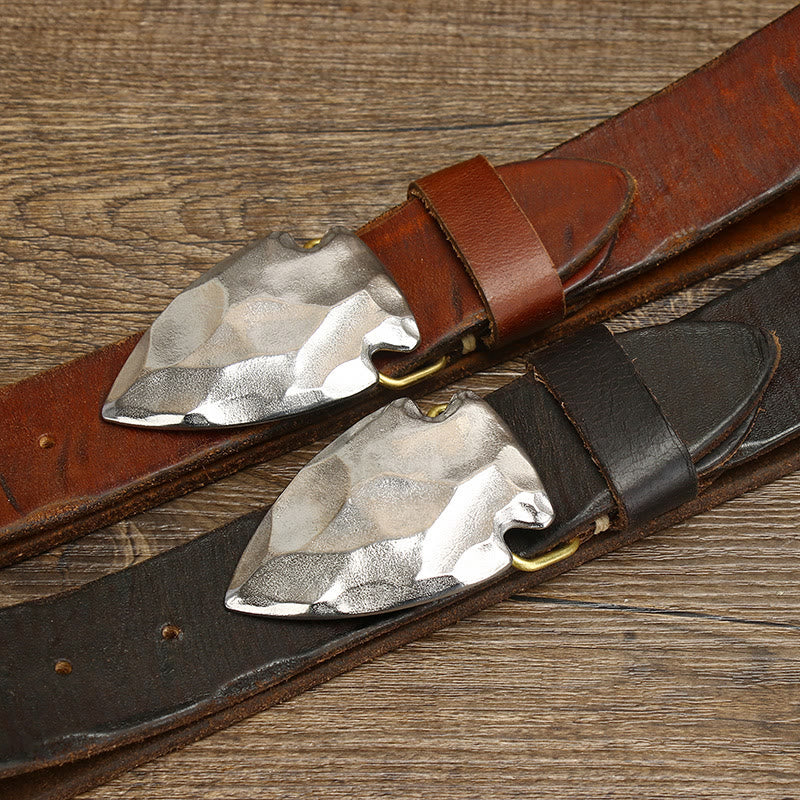 Men's Retro Distressed Silver Triangular Arrow Buckle Leather Belt - Image 4