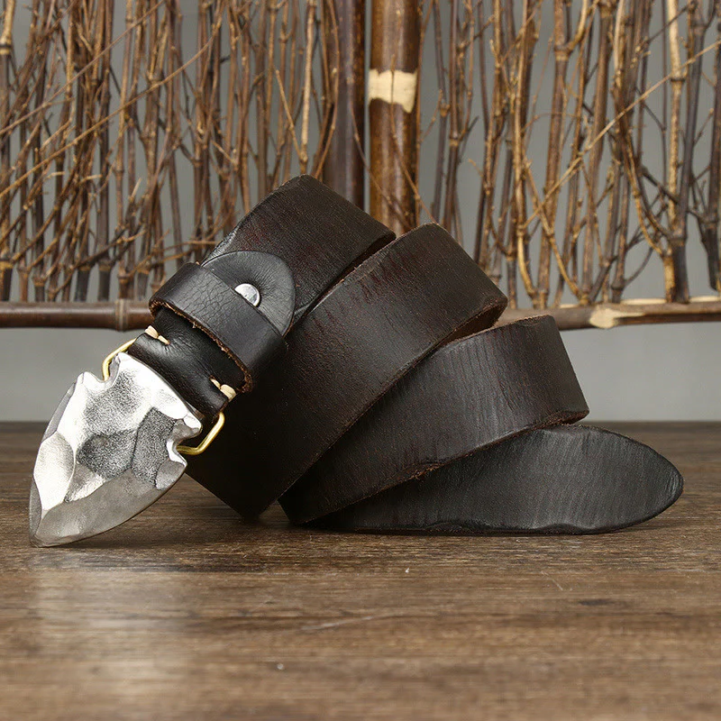 Men's Retro Distressed Silver Triangular Arrow Buckle Leather Belt - Image 7