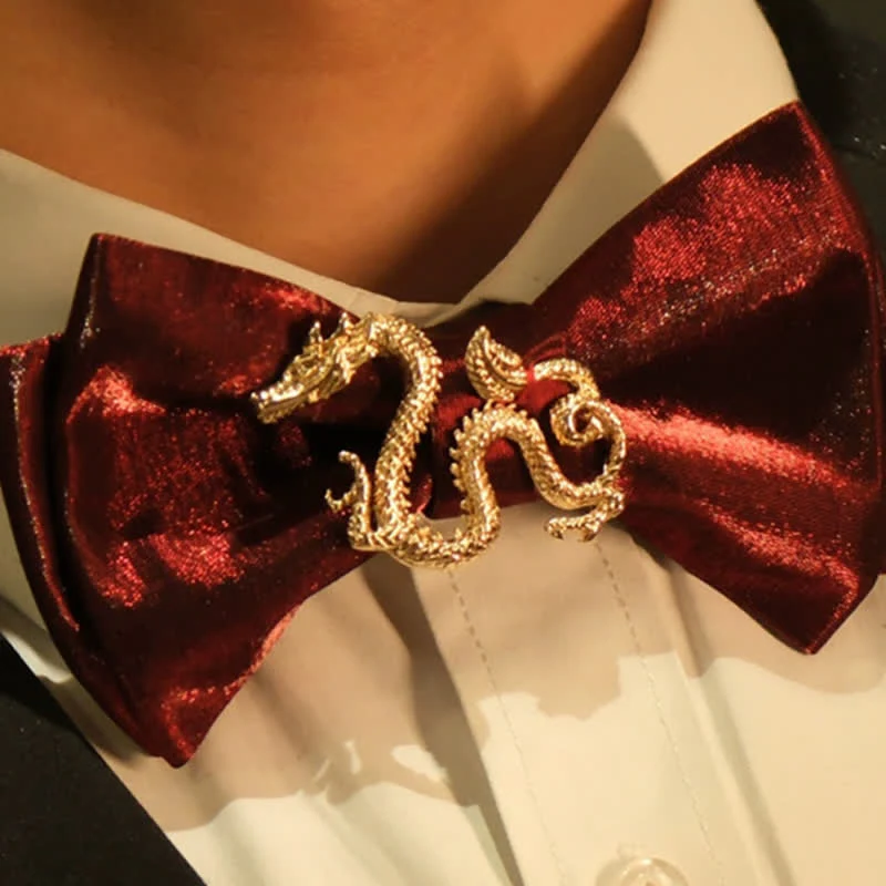 Men's Retro Shiny Burgundy Dragon Decor Bow Tie - Image 2