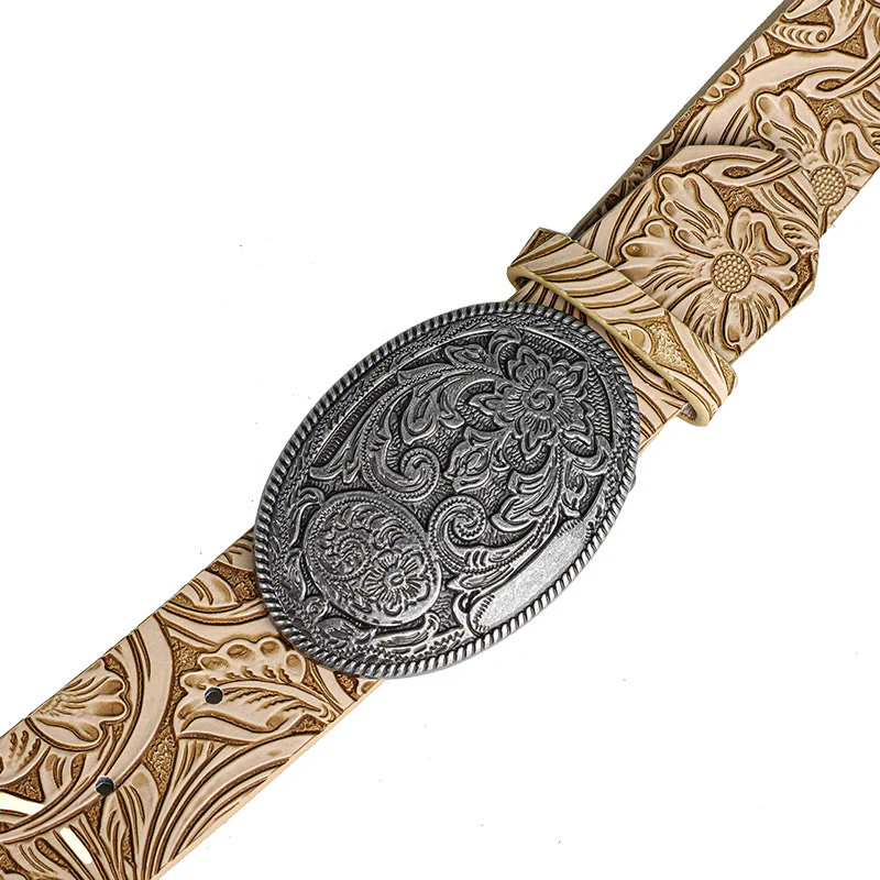 Men's Retro Silver Oval Carved Buckle Leather Belt - Image 4