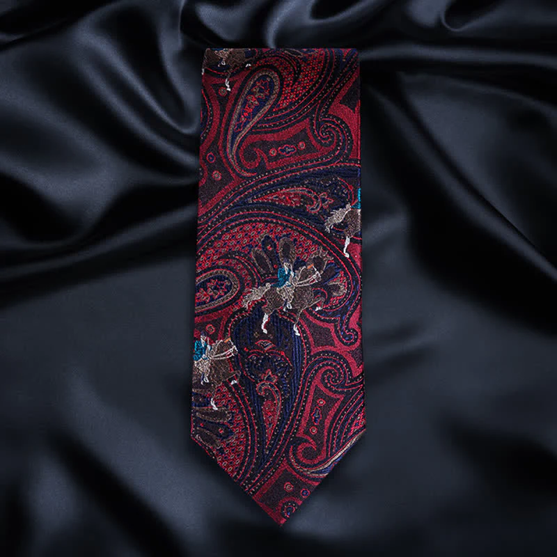 Men's Riding Horse Embroidery Red Paisley Necktie - Image 6