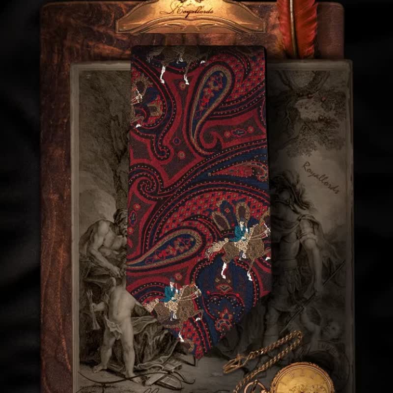 Men's Riding Horse Embroidery Red Paisley Necktie - Image 7
