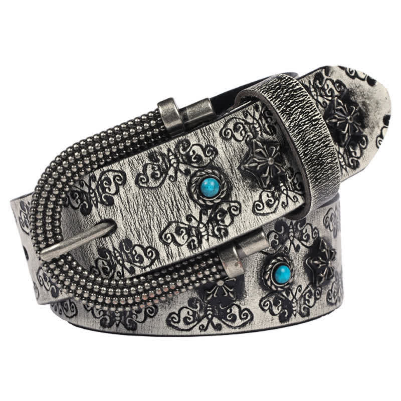 Men's Rivet Butterfly Carving Turquoise Inlay Leather Belt - Image 10