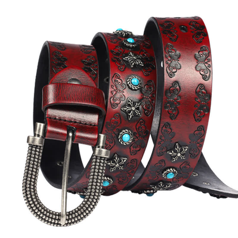 Men's Rivet Butterfly Carving Turquoise Inlay Leather Belt - Image 6