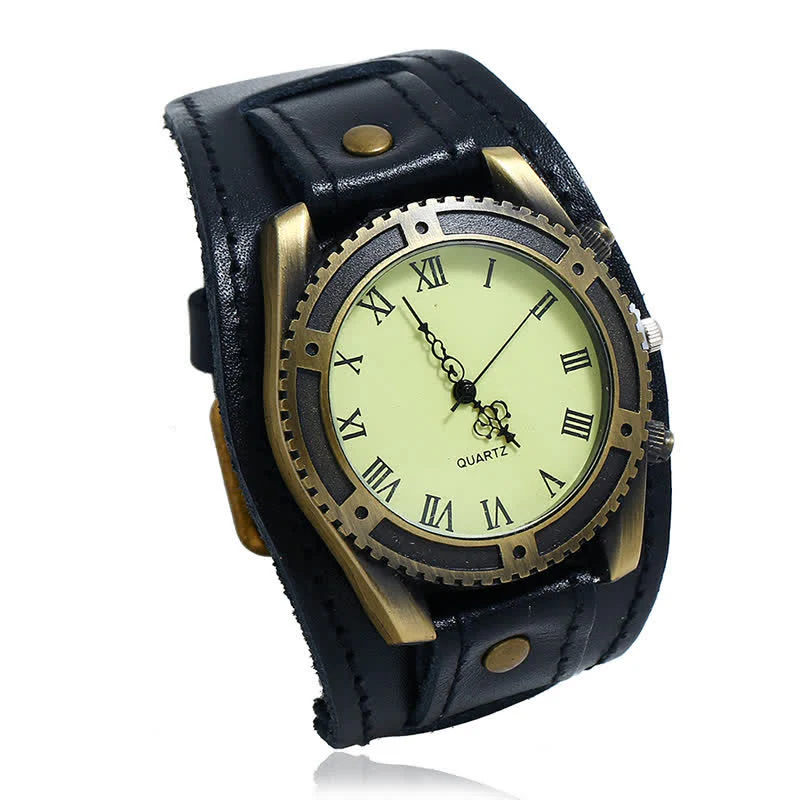 Men's Roman Numerals Gear Cuff Leather Watch - Image 11