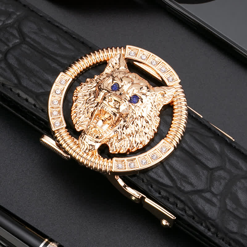 Men's Round Wolf Rhinestone Automatic Buckle Leather Belt - Image 6