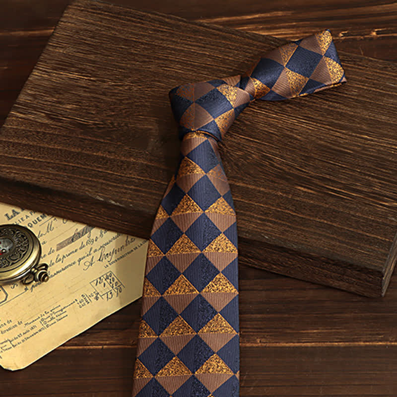 Men's Rustic Gold & Navy Checked Necktie - Image 3