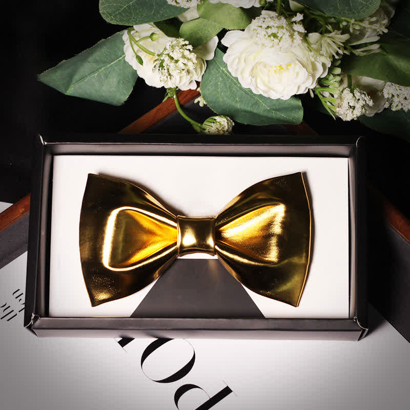 Men's Shining Modern Metallic Gold Leather Bow Tie - Image 3