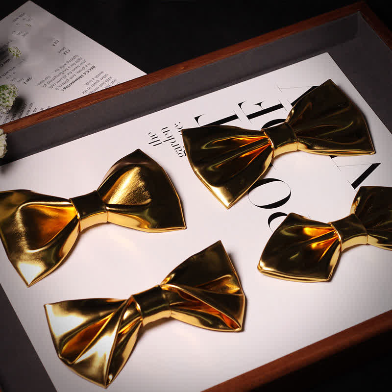 Men's Shining Modern Metallic Gold Leather Bow Tie - Image 4