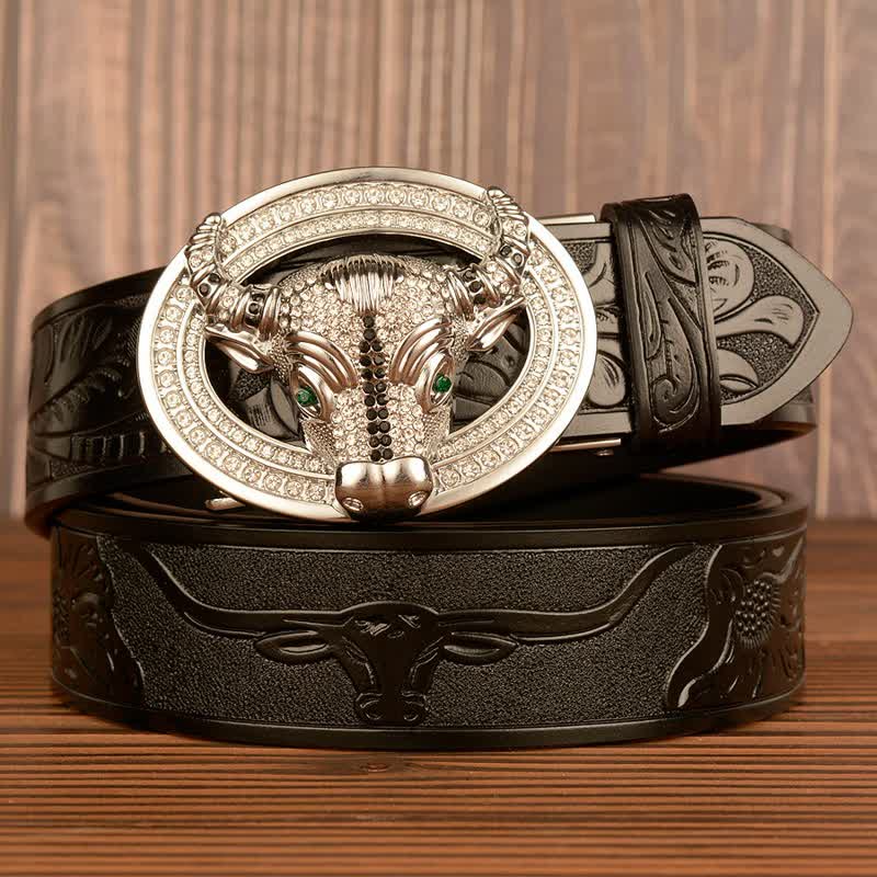 Men's Shinning Rhinestone Bull Automatic Buckle Leather Belt - Image 10