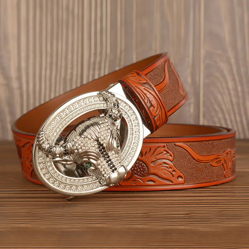 Men's Shinning Rhinestone Bull Automatic Buckle Leather Belt - Image 15