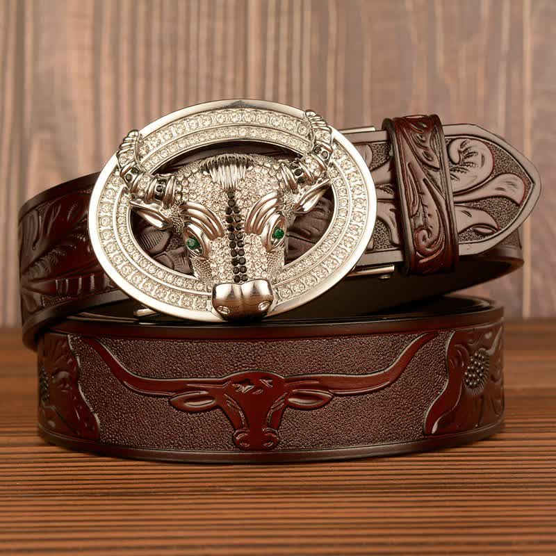 Men's Shinning Rhinestone Bull Automatic Buckle Leather Belt - Image 6